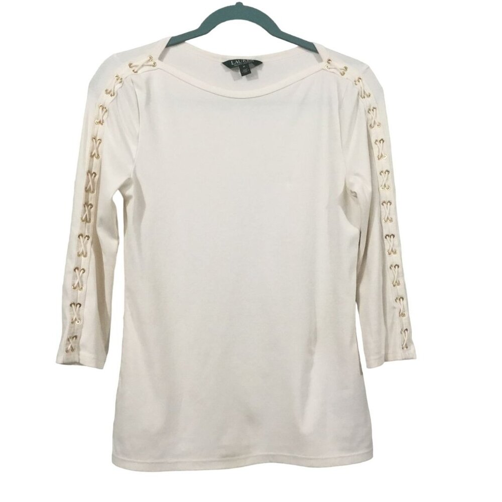 Lauren By Ralph Lauren Ivory Stretch Criss Cross Lace Up 3/4 Sleeve Shirt Medium
